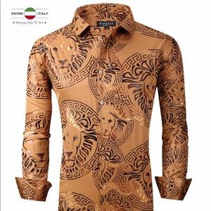 Pavini Mens Shiny Brown Gold Dress Button Up Shirt